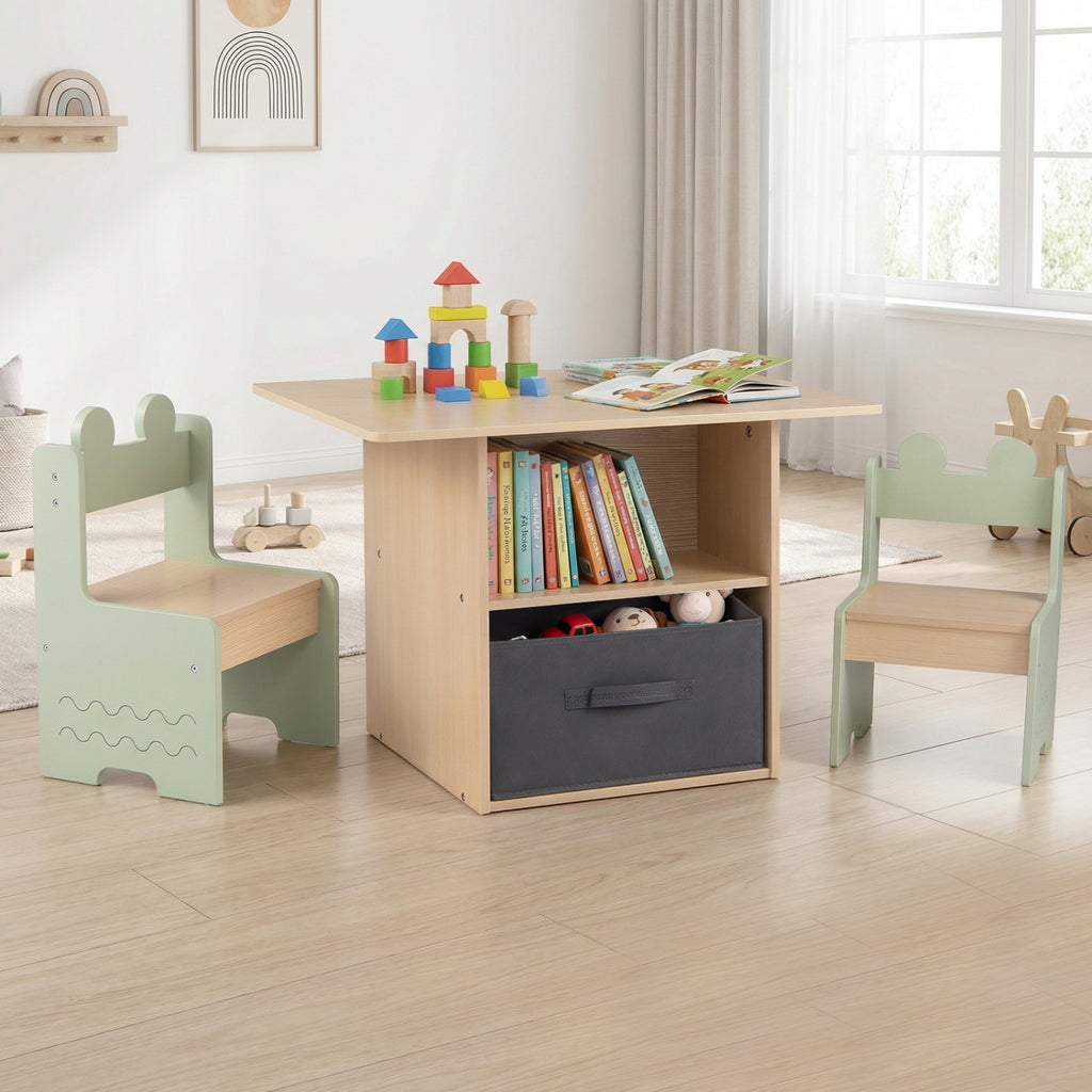Wooden Kids Table and Chairs Set with 2 Open Storage Compartments - Green, Safe & Easy to Clean