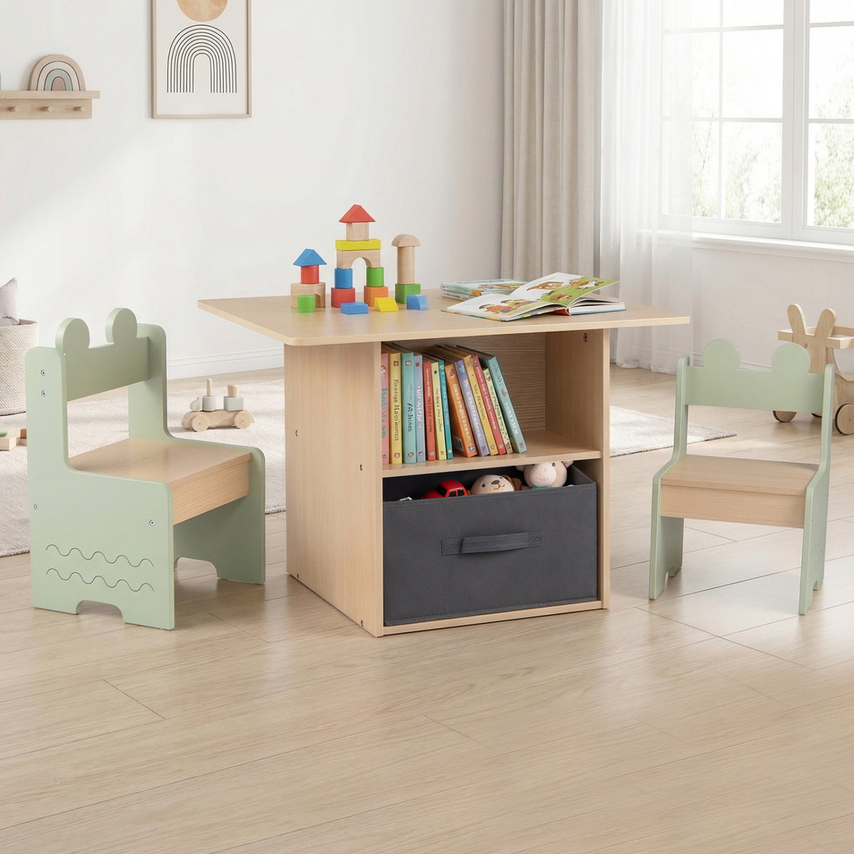Wooden Kids Table and Chairs Set with 2 Open Storage Compartments - Green, Safe & Easy to Clean