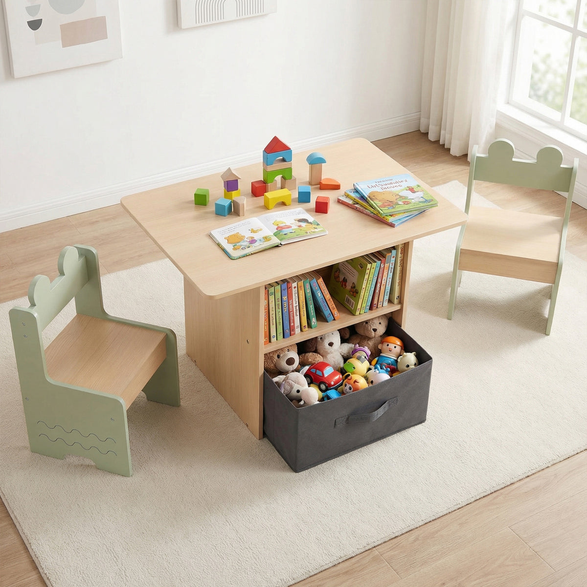 Wooden Kids Table and Chairs Set with 2 Open Storage Compartments - Green, Safe & Easy to Clean