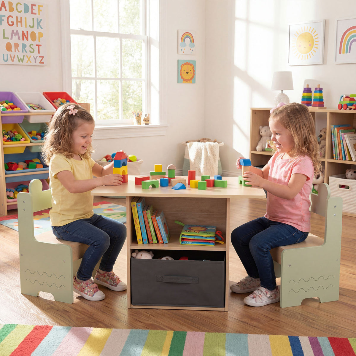 Wooden Kids Table and Chairs Set with 2 Open Storage Compartments - Green, Safe & Easy to Clean