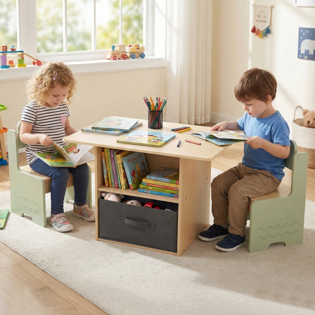 Wooden Kids Table and Chairs Set with 2 Open Storage Compartments - Green, Safe & Easy to Clean