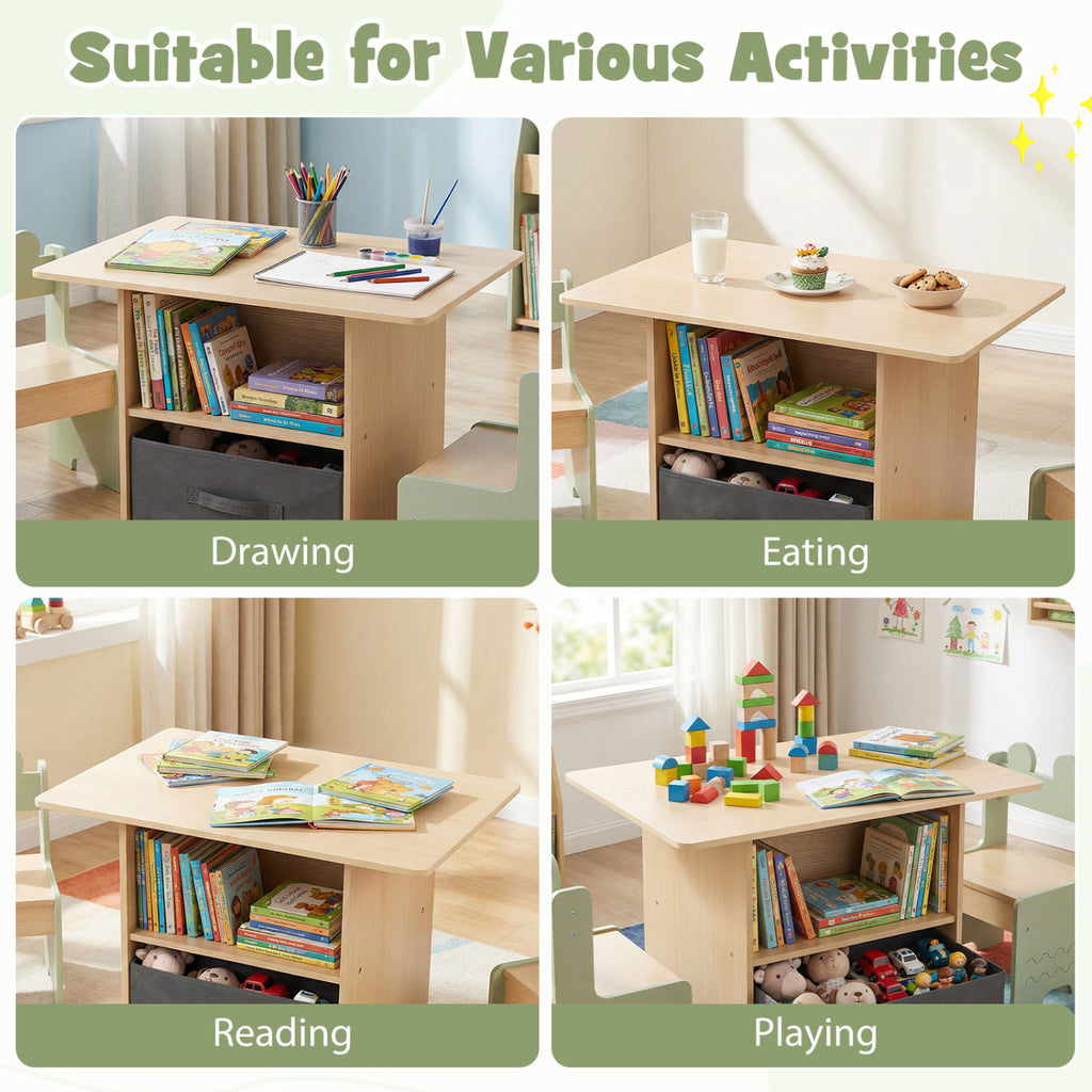 Wooden Kids Table and Chairs Set with 2 Open Storage Compartments - Green, Safe & Easy to Clean
