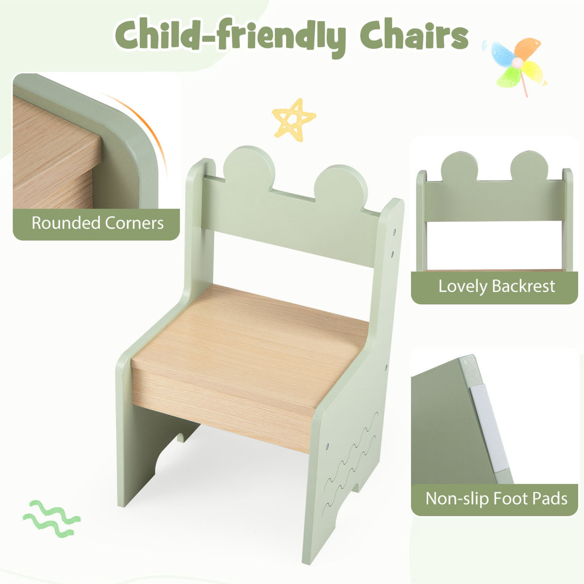 Wooden Kids Table and Chairs Set with 2 Open Storage Compartments - Green, Safe & Easy to Clean