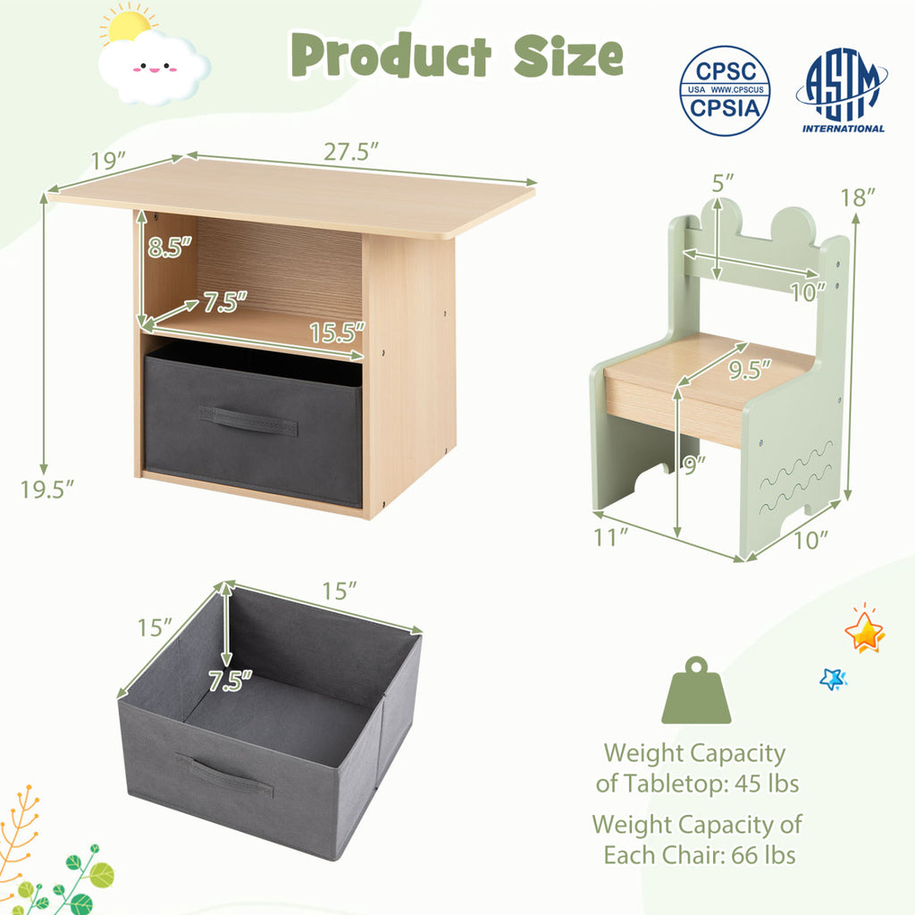 Wooden Kids Table and Chairs Set with 2 Open Storage Compartments - Green, Safe & Easy to Clean