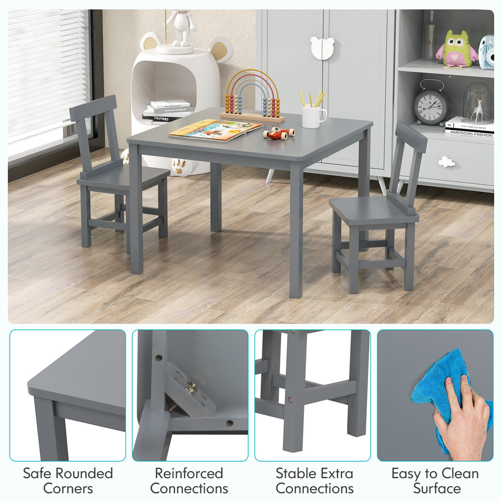 Kids Wooden Table and 2 Chairs Set - Gray, Sturdy, Safe & Space-Saving