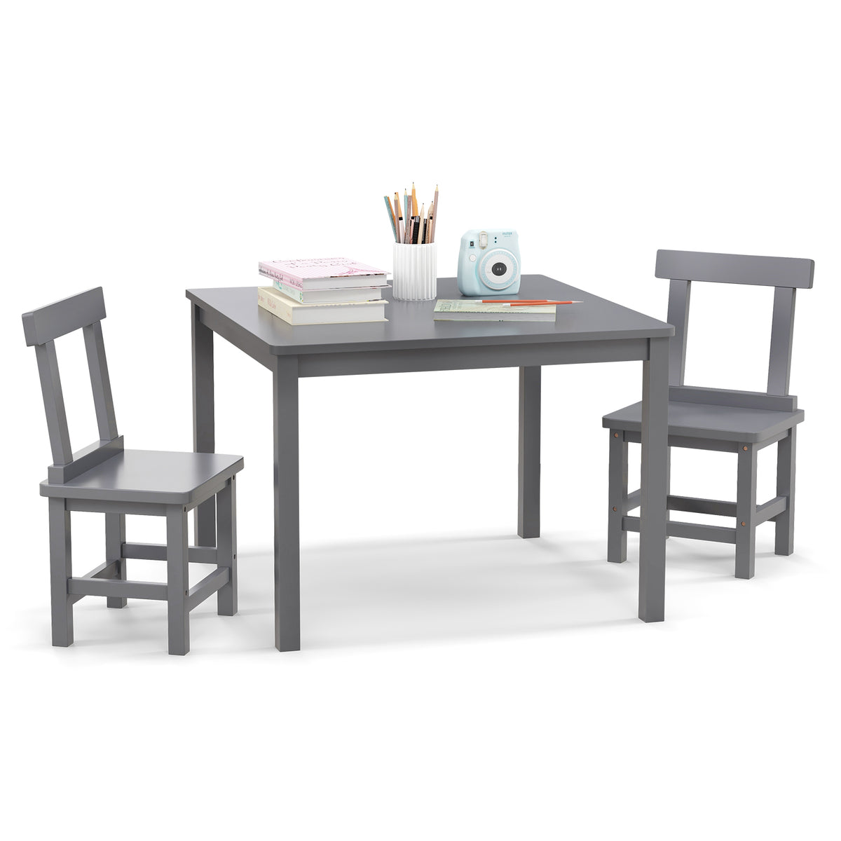 Kids Wooden Table and 2 Chairs Set - Gray, Sturdy, Safe & Space-Saving