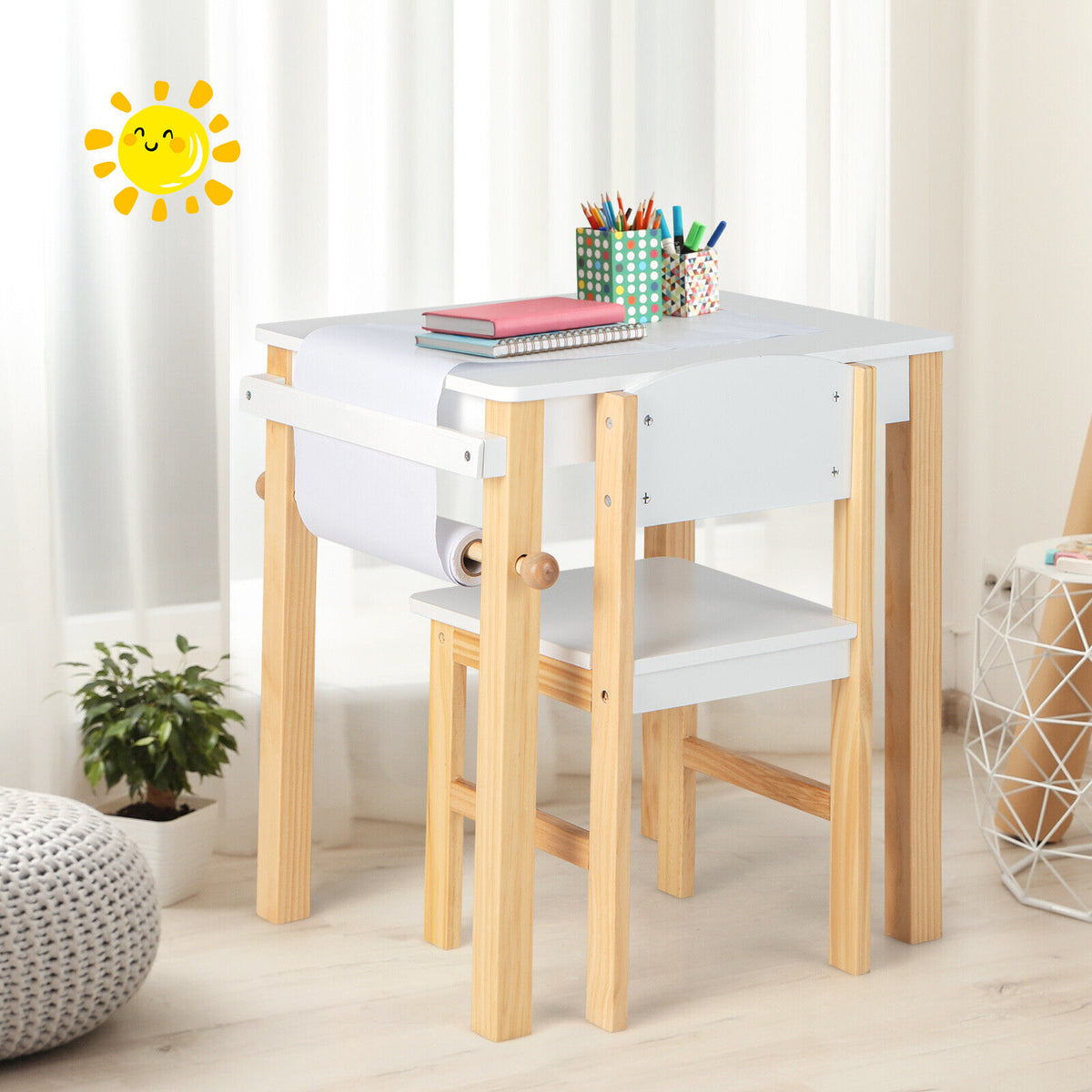 Kids Art Table and Chair Set with Drawer, Paper Roll & Markers - White
