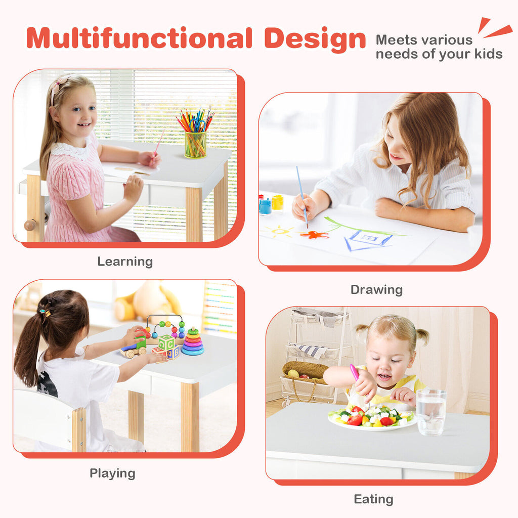 Kids Art Table and Chair Set with Drawer, Paper Roll & Markers - White