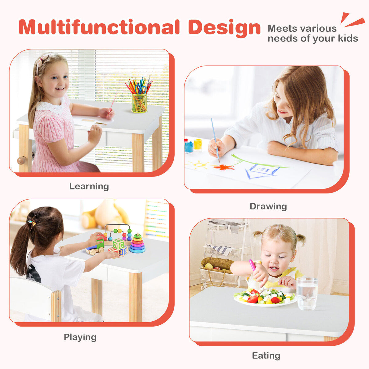 Kids Art Table and Chair Set with Drawer, Paper Roll & Markers - White