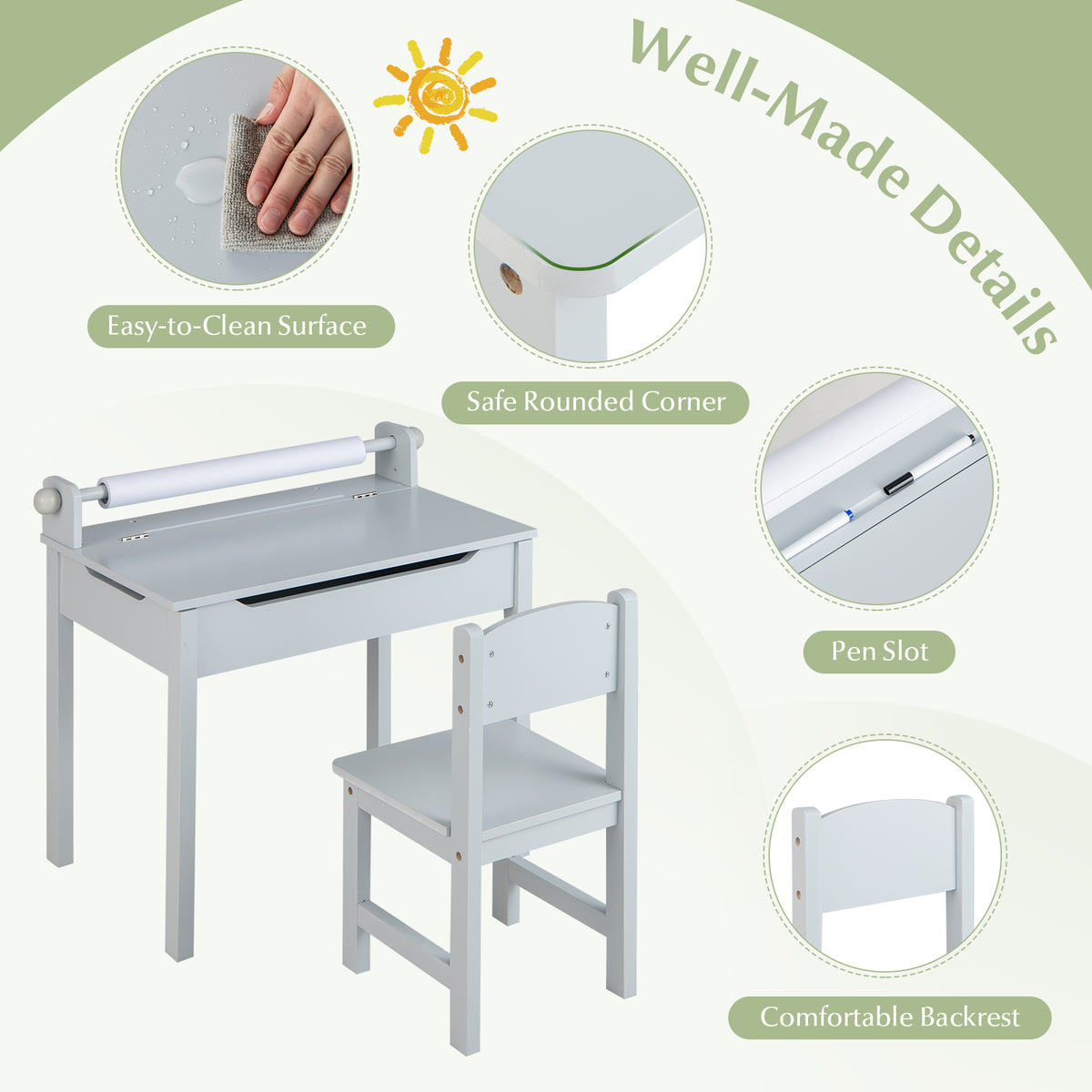 Kids Wooden Table and Chair Set with Storage & Gray Paper Roll Holder – Durable & Safe