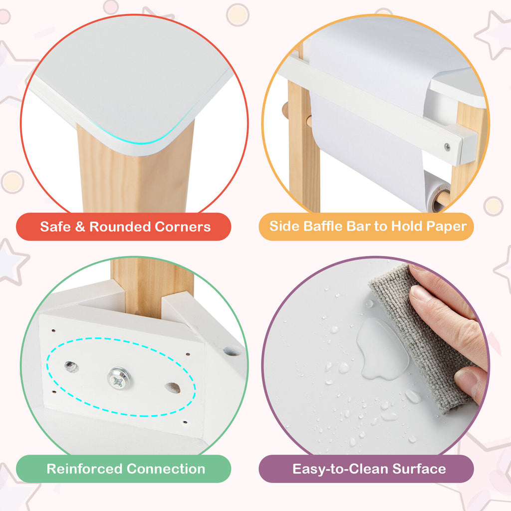 Kids Art Table and Chair Set with Drawer, Paper Roll & Markers - White