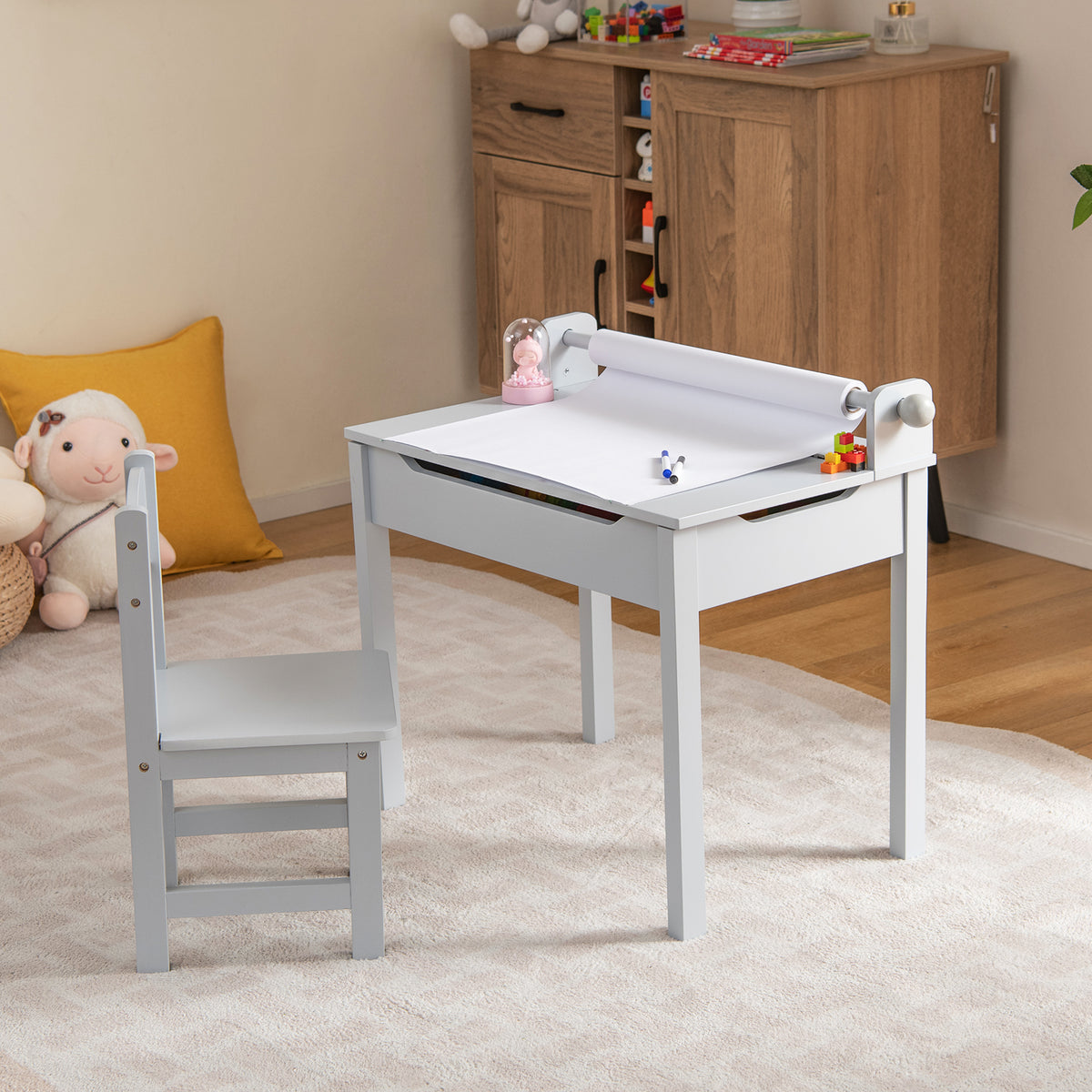 Kids Wooden Table and Chair Set with Storage & Gray Paper Roll Holder – Durable & Safe