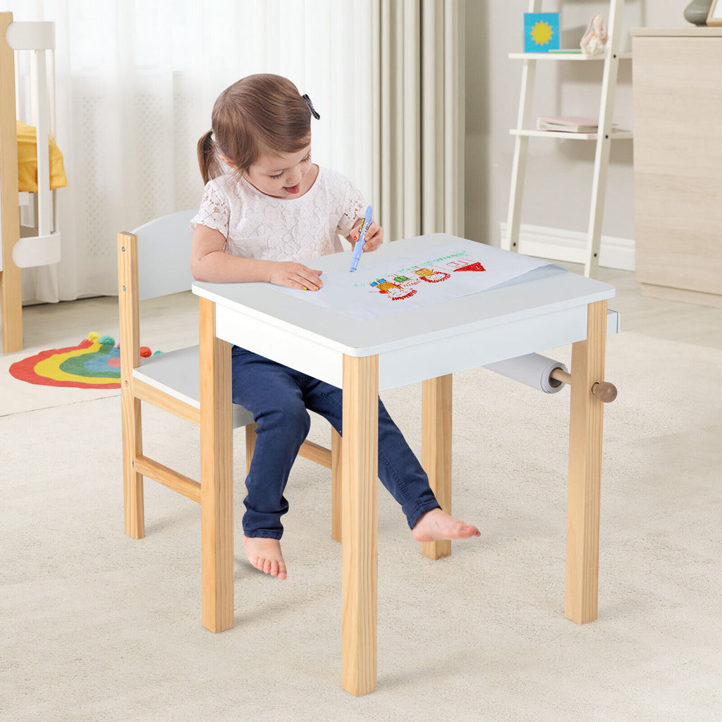 Kids Art Table and Chair Set with Drawer, Paper Roll & Markers - White