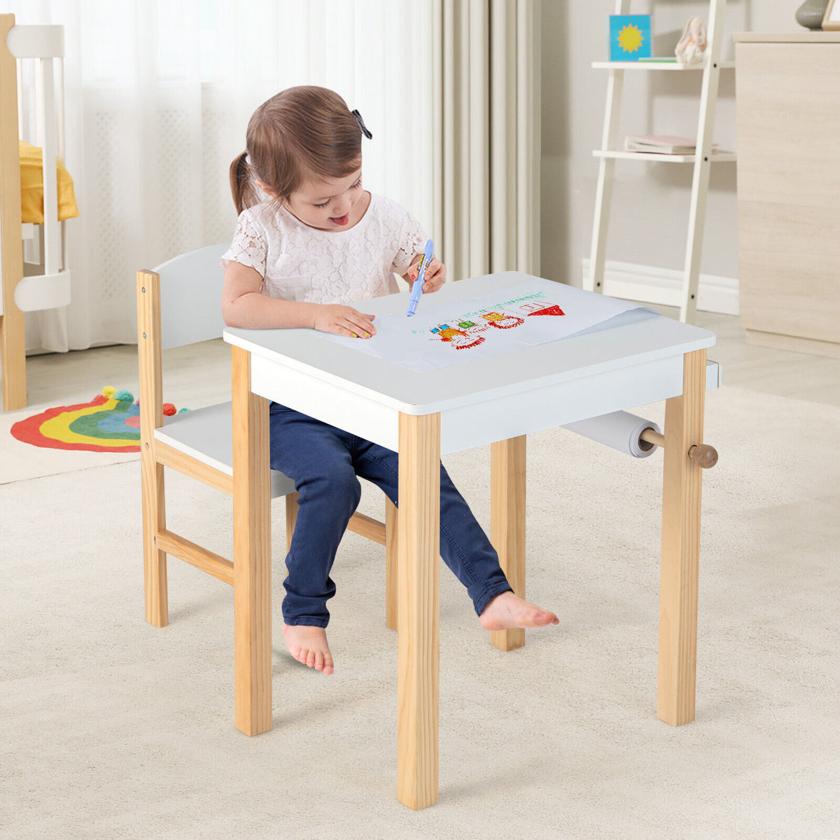 Kids Art Table and Chair Set with Drawer, Paper Roll & Markers - White