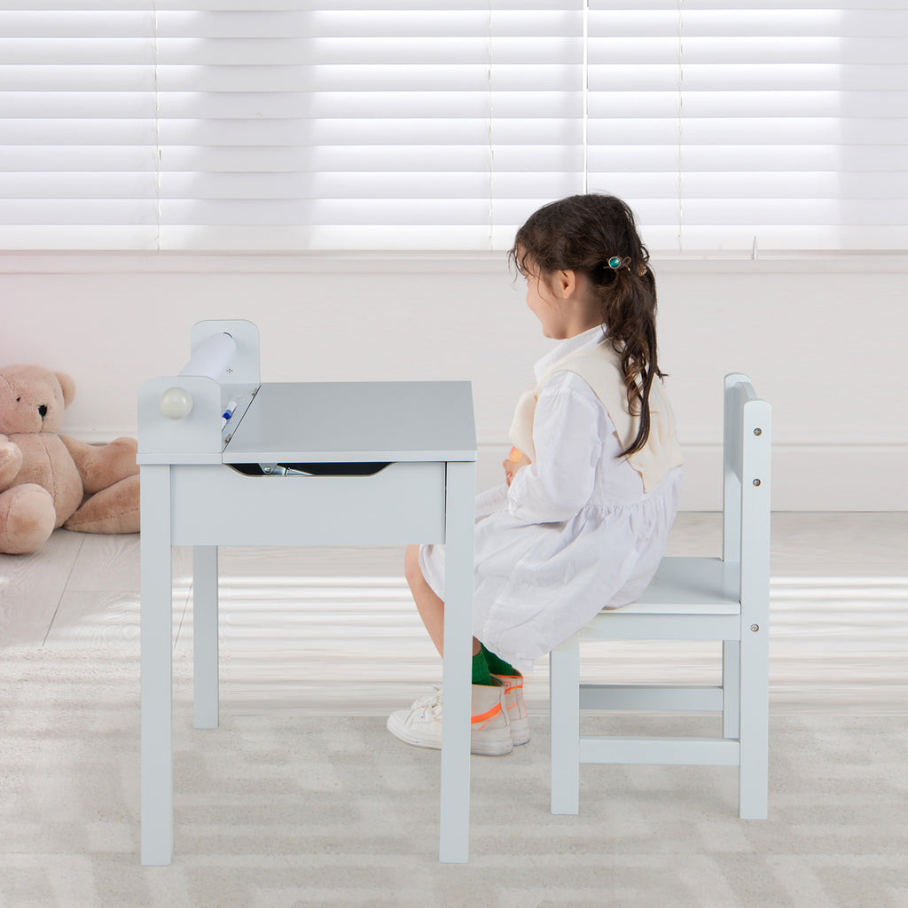Kids Wooden Table and Chair Set with Storage & Gray Paper Roll Holder – Durable & Safe