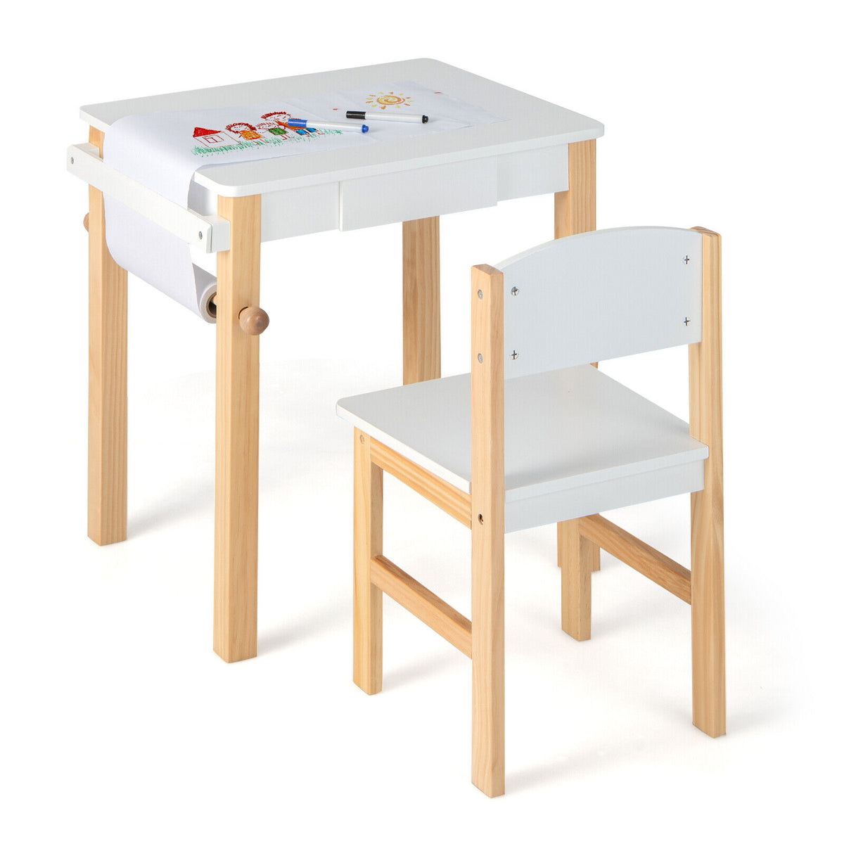 Kids Art Table and Chair Set with Drawer, Paper Roll & Markers - White