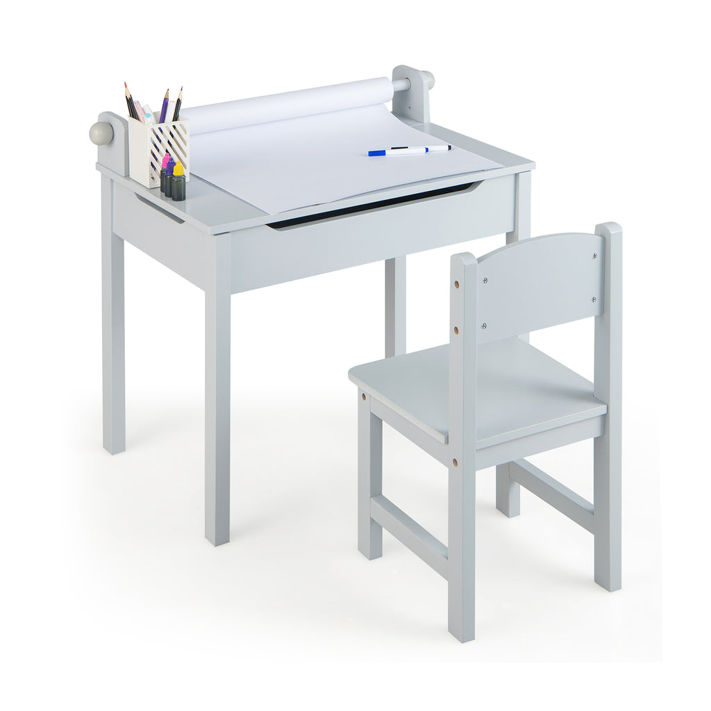Kids Wooden Table and Chair Set with Storage & Gray Paper Roll Holder – Durable & Safe