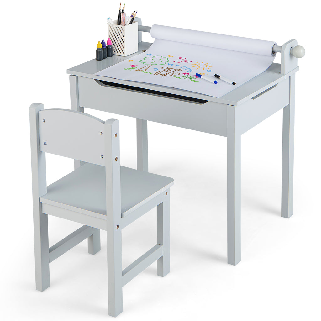 Kids Wooden Table and Chair Set with Storage & Gray Paper Roll Holder – Durable & Safe