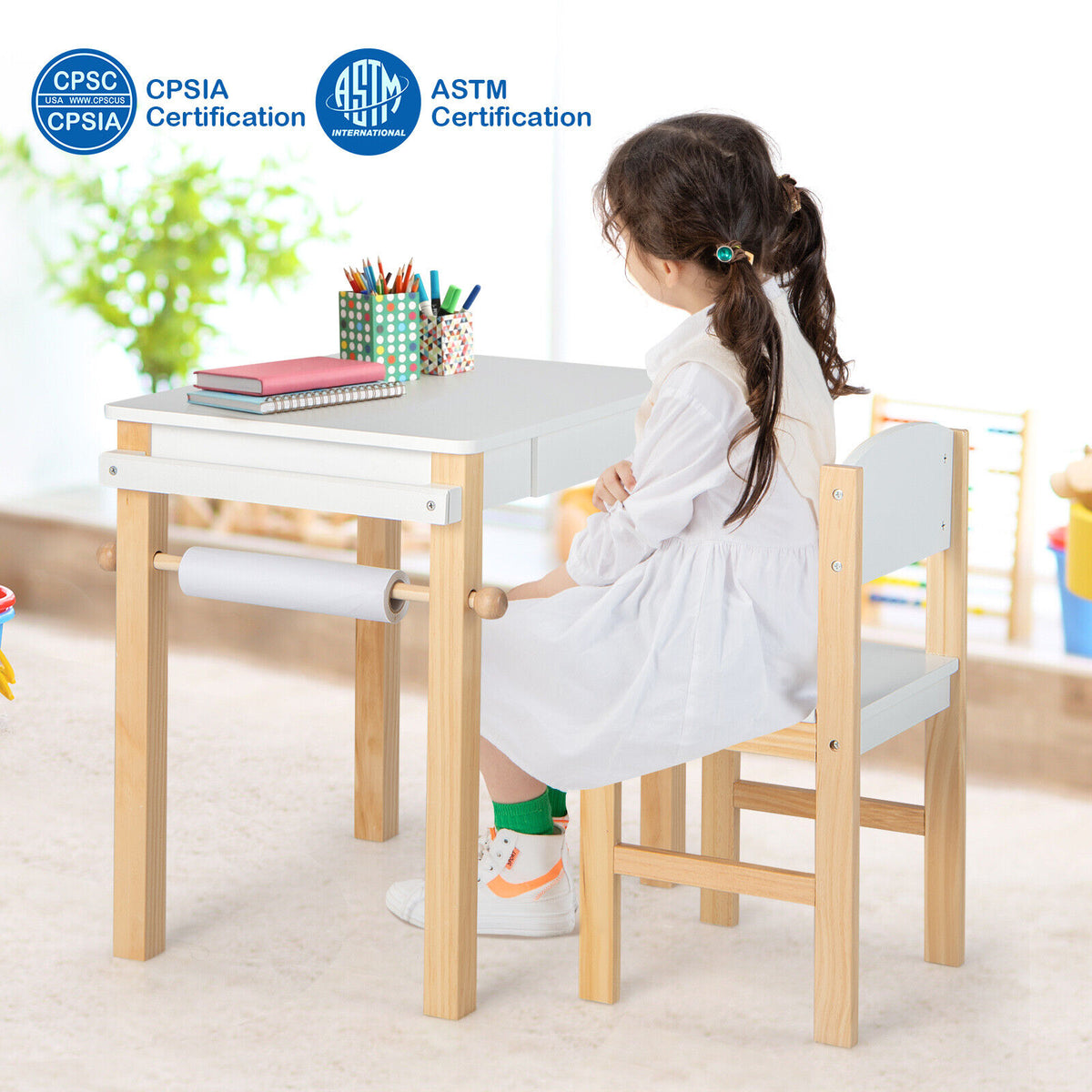Kids Art Table and Chair Set with Drawer, Paper Roll & Markers - White