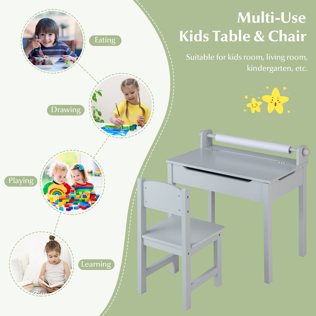 Kids Wooden Table and Chair Set with Storage & Gray Paper Roll Holder – Durable & Safe