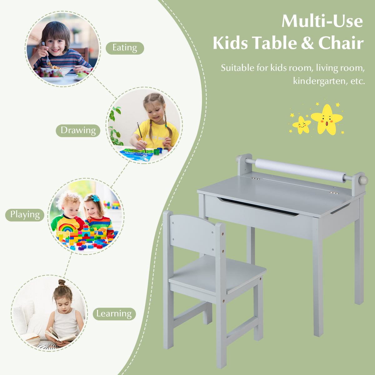 Kids Wooden Table and Chair Set with Storage & Gray Paper Roll Holder – Durable & Safe
