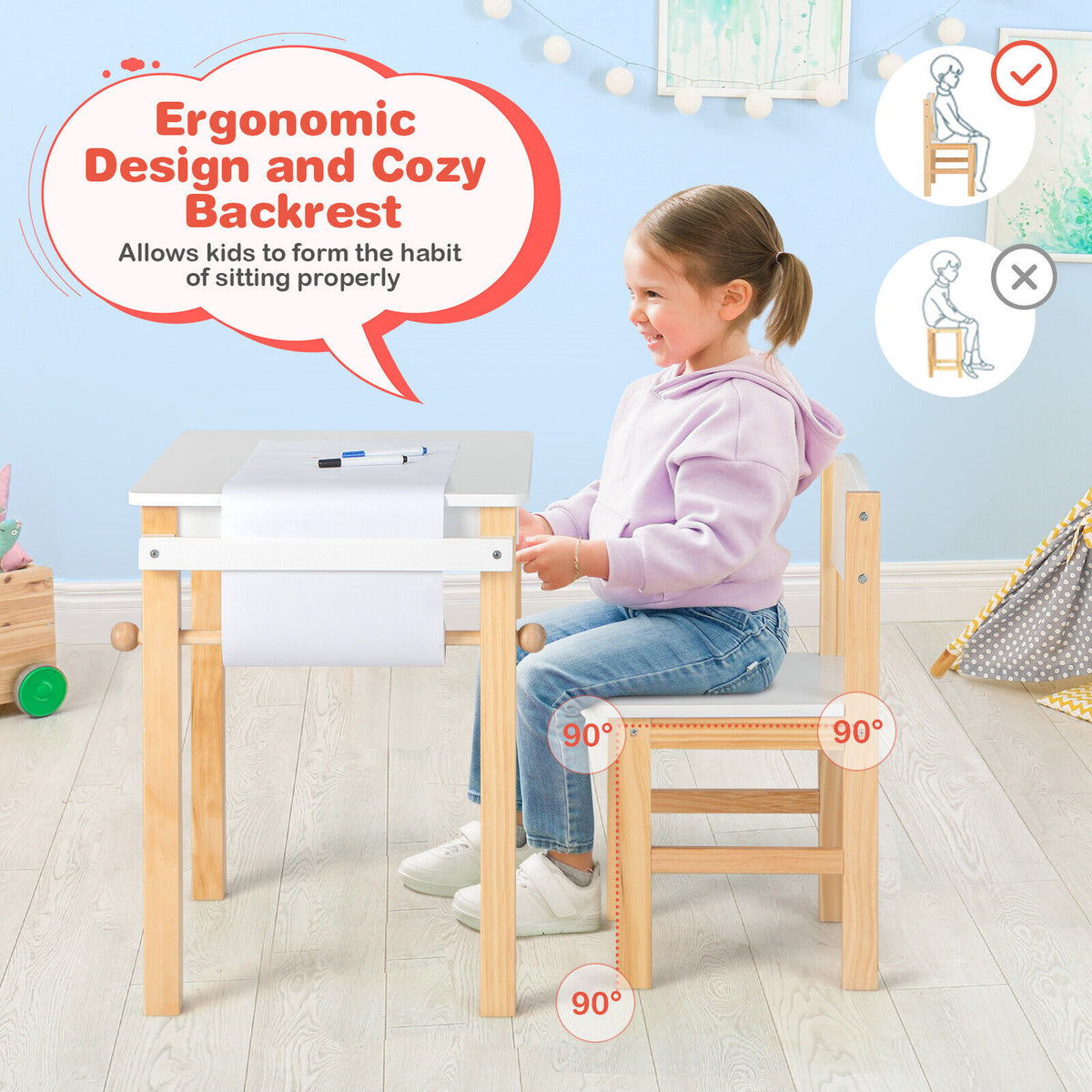 Kids Art Table and Chair Set with Drawer, Paper Roll & Markers - White