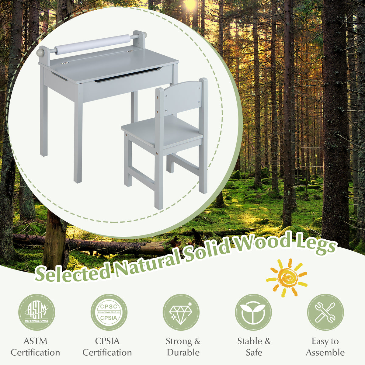 Kids Wooden Table and Chair Set with Storage & Gray Paper Roll Holder – Durable & Safe