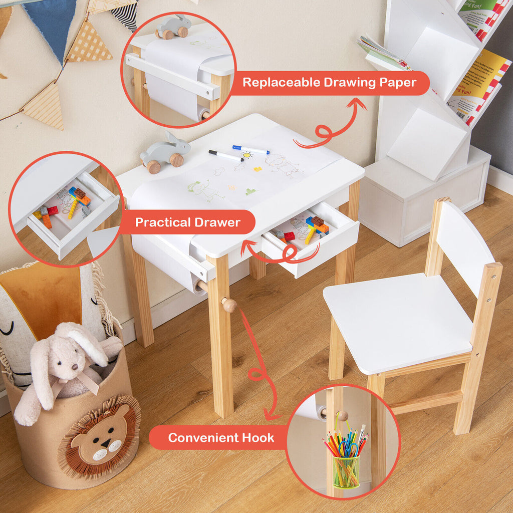 Kids Art Table and Chair Set with Drawer, Paper Roll & Markers - White