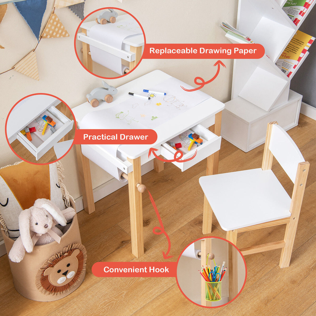 Kids Art Table and Chair Set with Drawer, Paper Roll & Markers - White