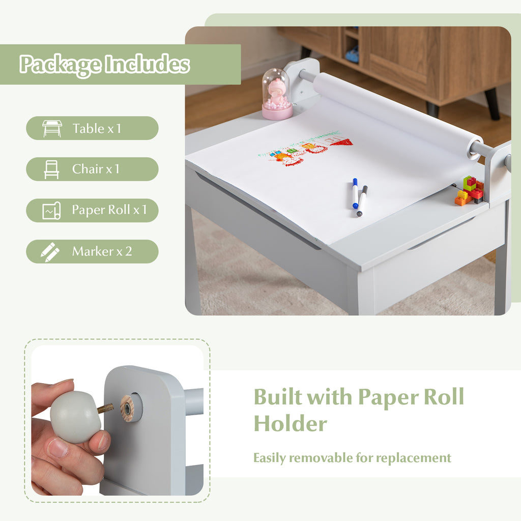 Kids Wooden Table and Chair Set with Storage & Gray Paper Roll Holder – Durable & Safe