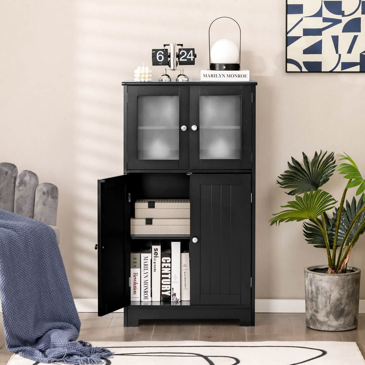 Bathroom Floor Storage Cabinet with Glass Doors and Adjustable Shelf