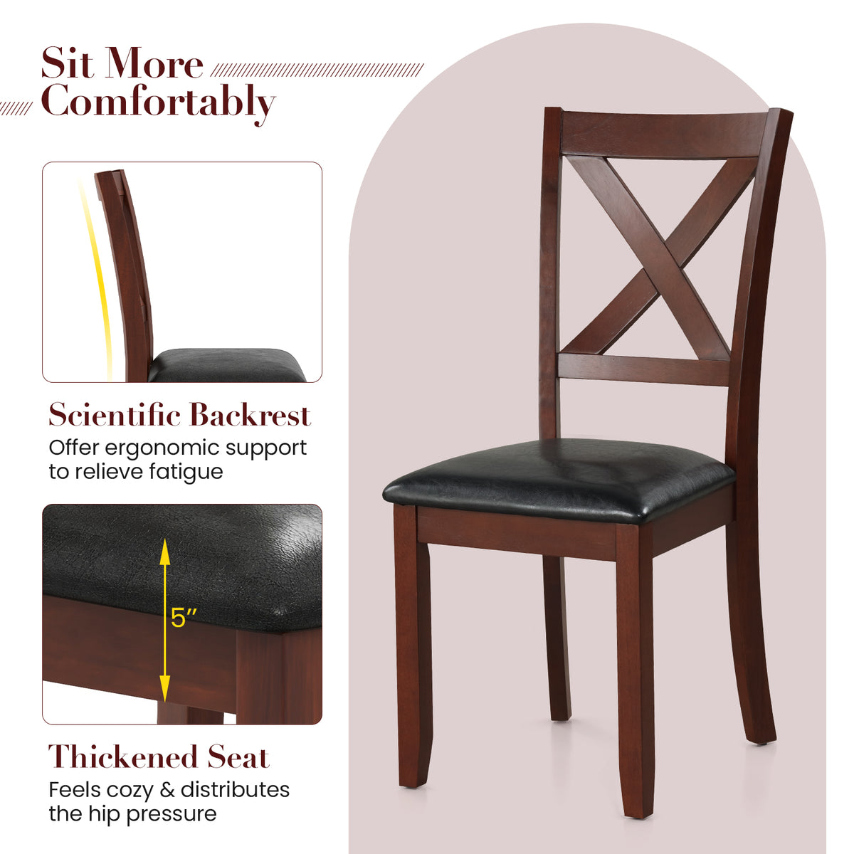 Wooden Dining Chairs with Padded Seat, Set of 2 - Style 1, Black