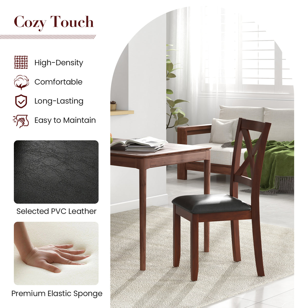 Wooden Dining Chairs with Padded Seat, Set of 2 - Style 1, Black
