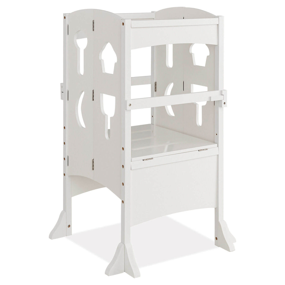 White Folding Wooden Step Stool with Lockable Safety Rail for Toddlers 3+