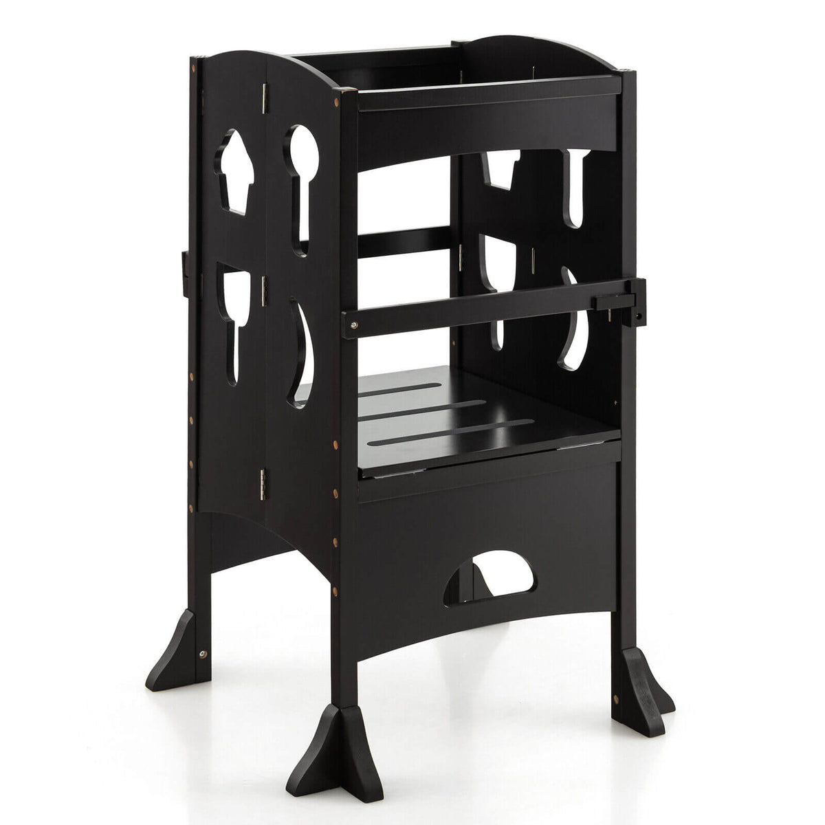 White Folding Wooden Step Stool with Lockable Safety Rail for Toddlers 3+