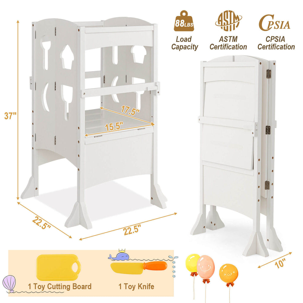 White Folding Wooden Step Stool with Lockable Safety Rail for Toddlers 3+
