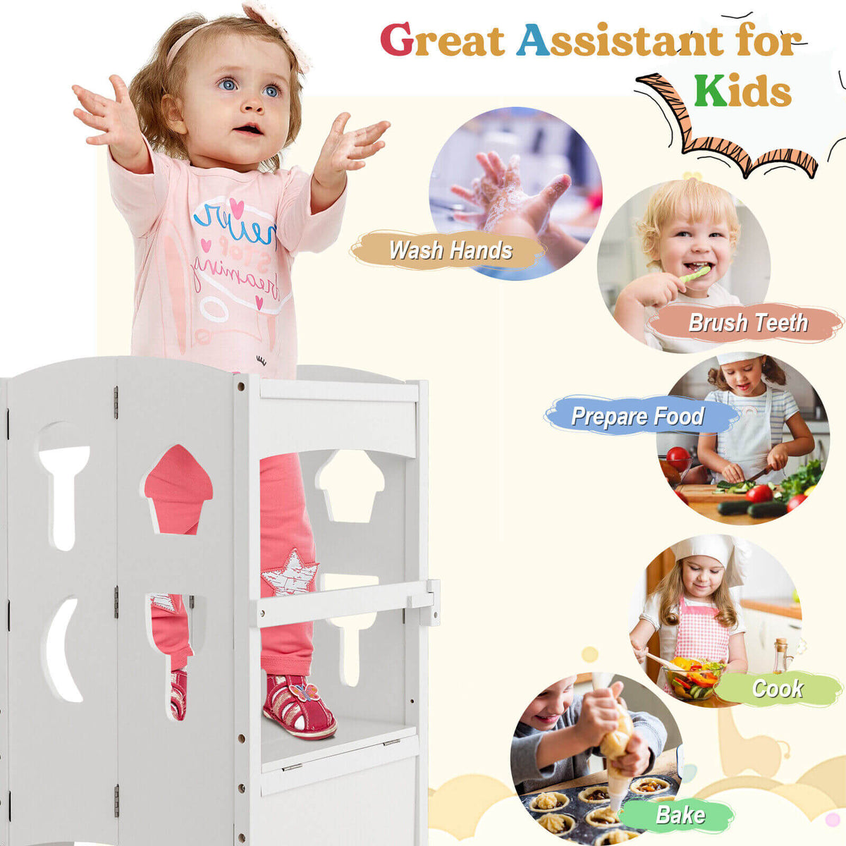 White Folding Wooden Step Stool with Lockable Safety Rail for Toddlers 3+