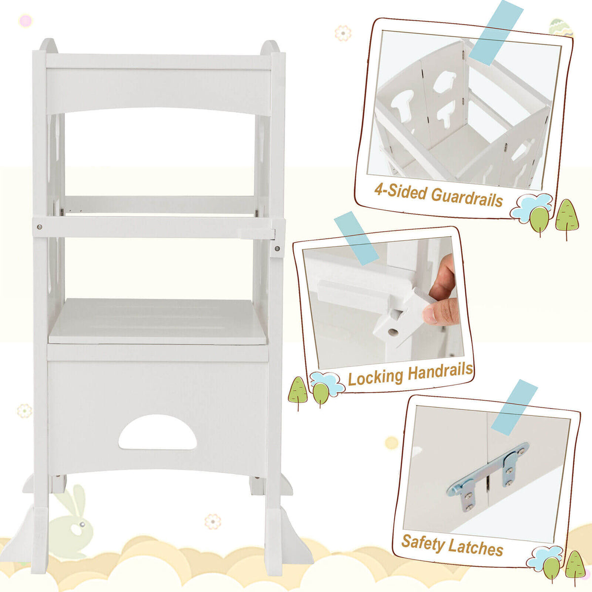 White Folding Wooden Step Stool with Lockable Safety Rail for Toddlers 3+