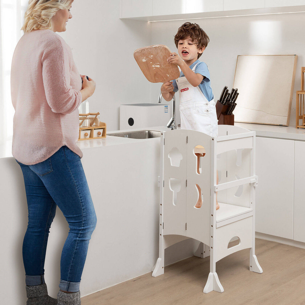 White Folding Wooden Step Stool with Lockable Safety Rail for Toddlers 3+