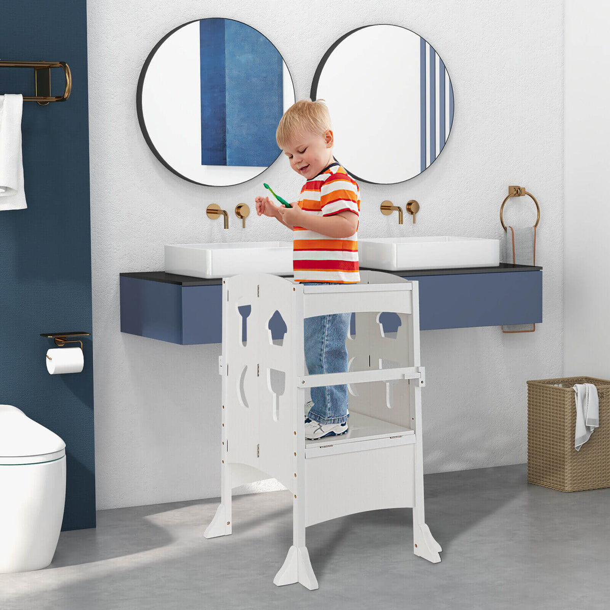 White Folding Wooden Step Stool with Lockable Safety Rail for Toddlers 3+