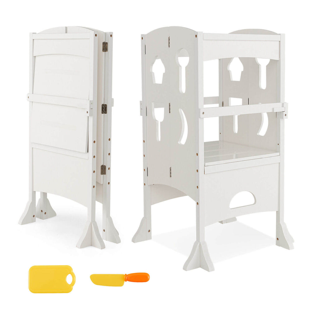 White Folding Wooden Step Stool with Lockable Safety Rail for Toddlers 3+
