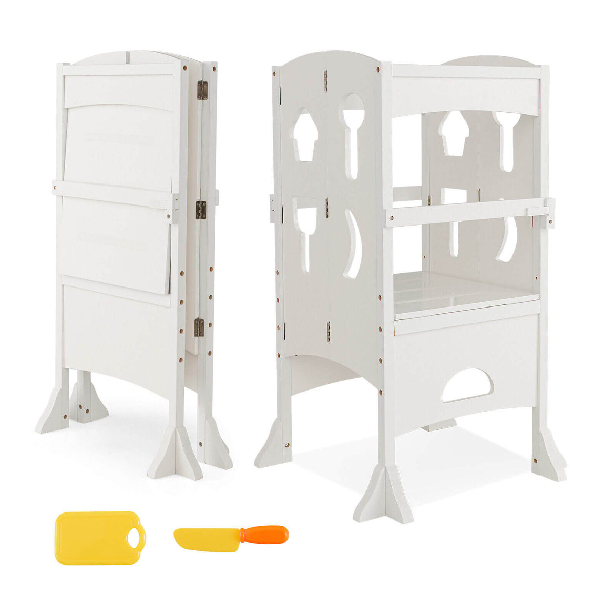 White Folding Wooden Step Stool with Lockable Safety Rail for Toddlers 3+