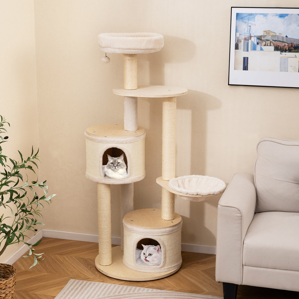 Wooden Kitten Tower with Sisal Posts & 2 Condos - Natural Finish