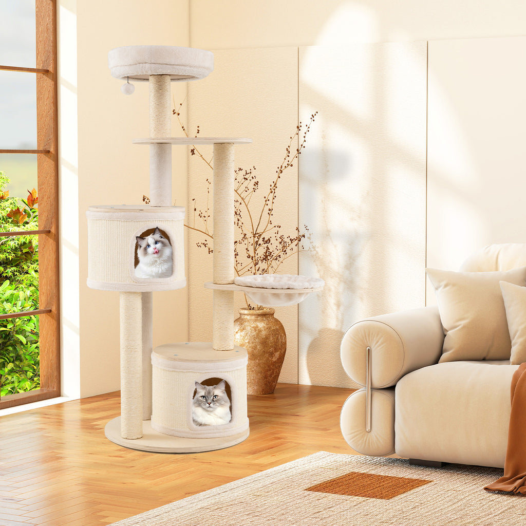 Wooden Kitten Tower with Sisal Posts & 2 Condos - Natural Finish