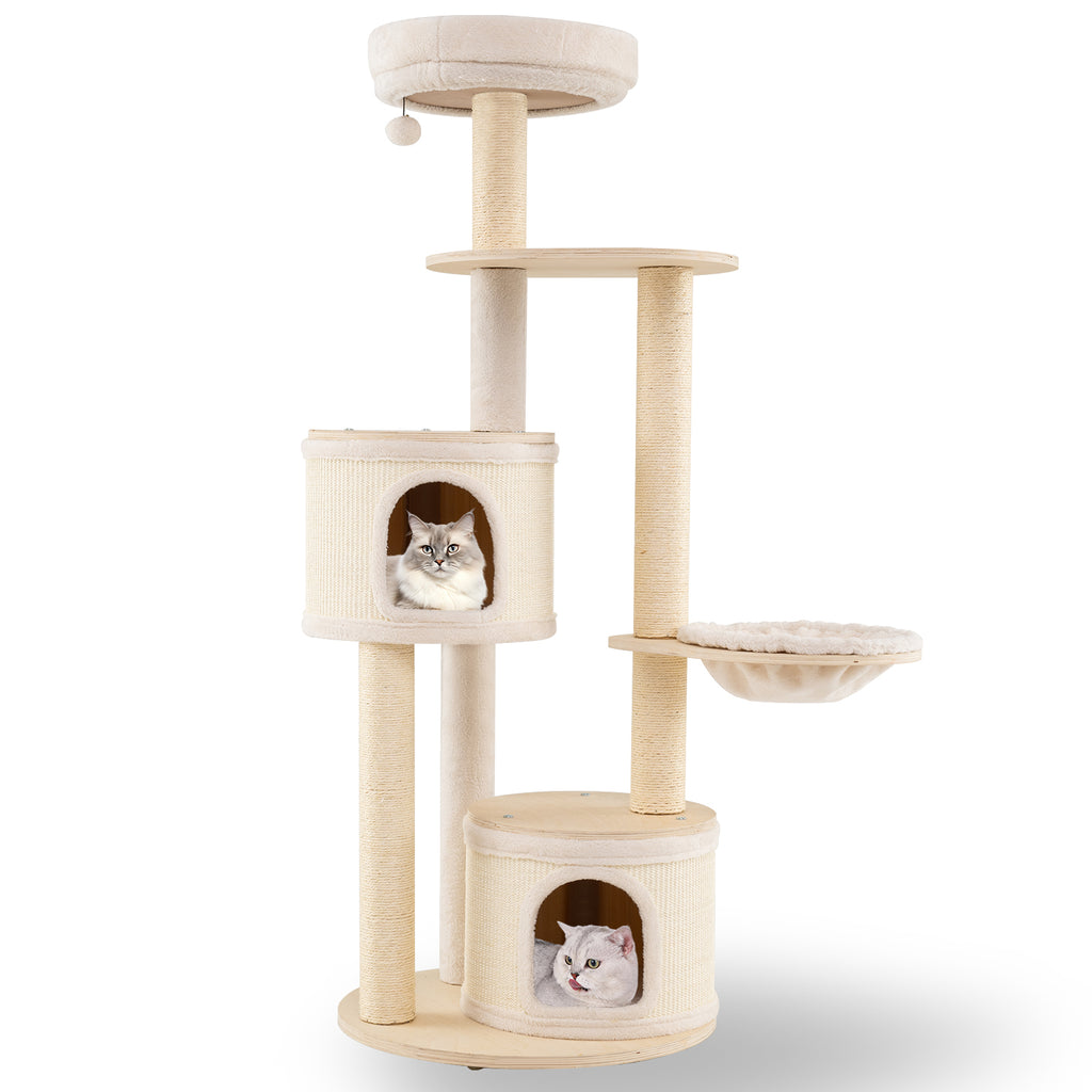 Wooden Kitten Tower with Sisal Posts & 2 Condos - Natural Finish