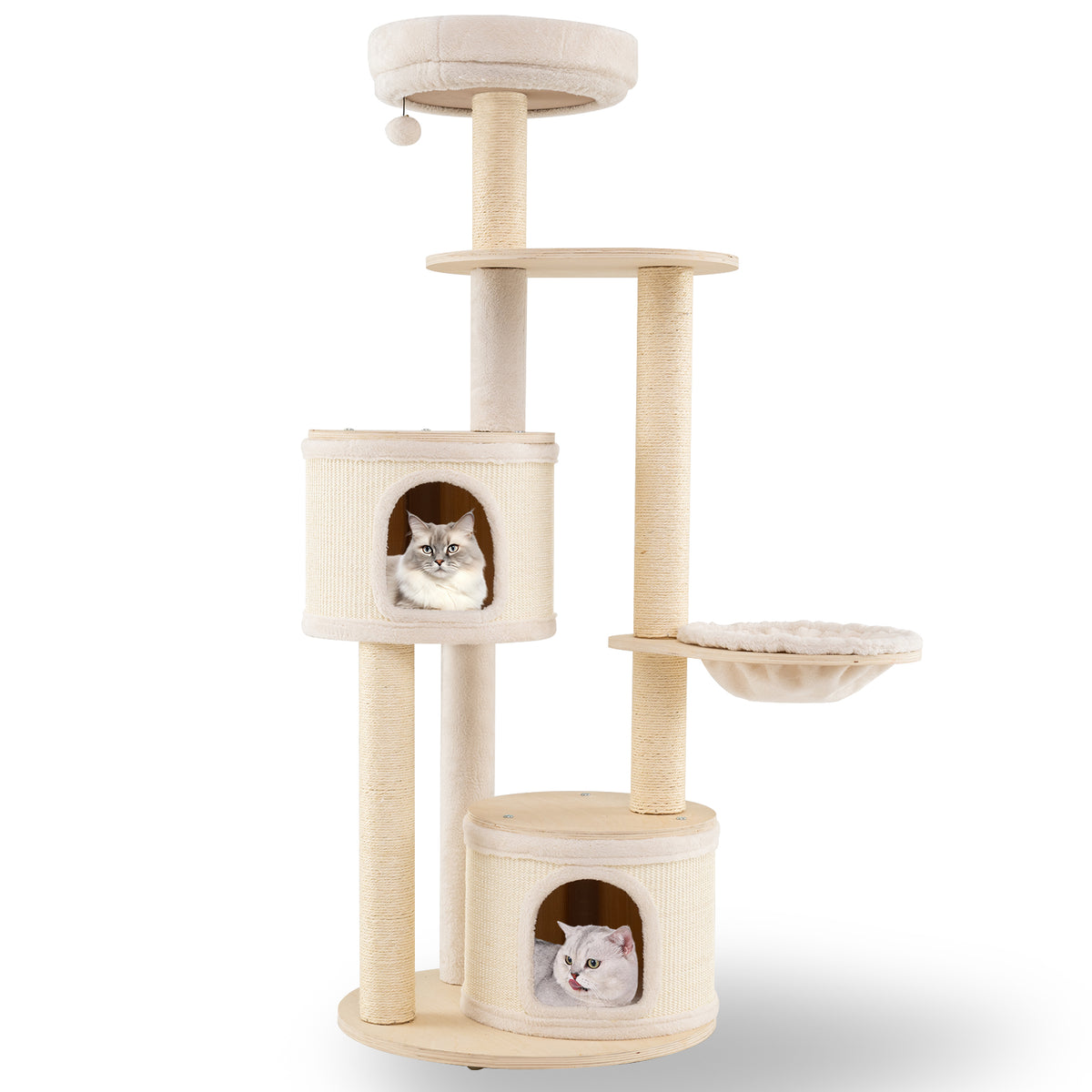 Wooden Kitten Tower with Sisal Posts & 2 Condos - Natural Finish