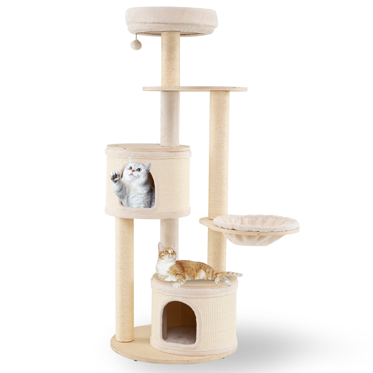 Wooden Kitten Tower with Sisal Posts & 2 Condos - Natural Finish
