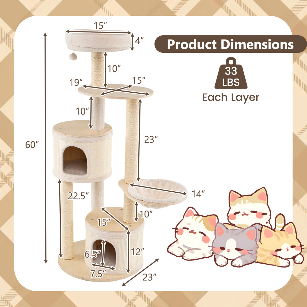 Wooden Kitten Tower with Sisal Posts & 2 Condos - Natural Finish