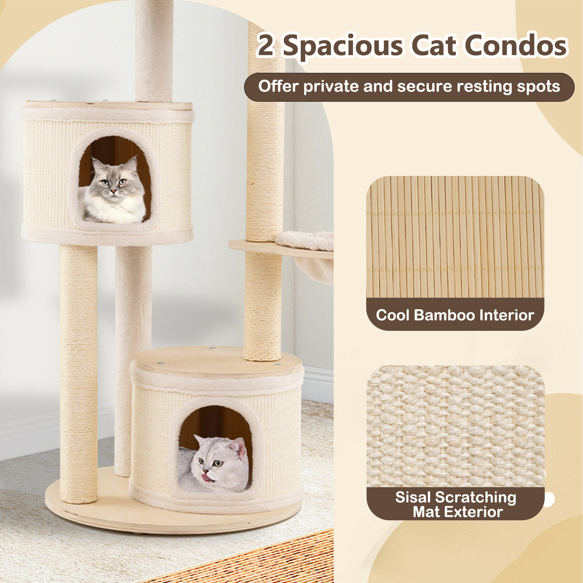 Wooden Kitten Tower with Sisal Posts & 2 Condos - Natural Finish
