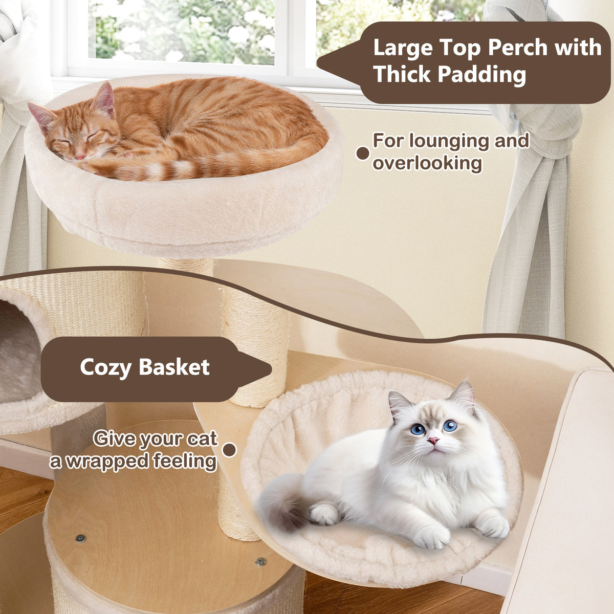 Wooden Kitten Tower with Sisal Posts & 2 Condos - Natural Finish